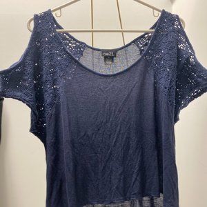 Cold Shoulder Navy Blue Blouse with Lace